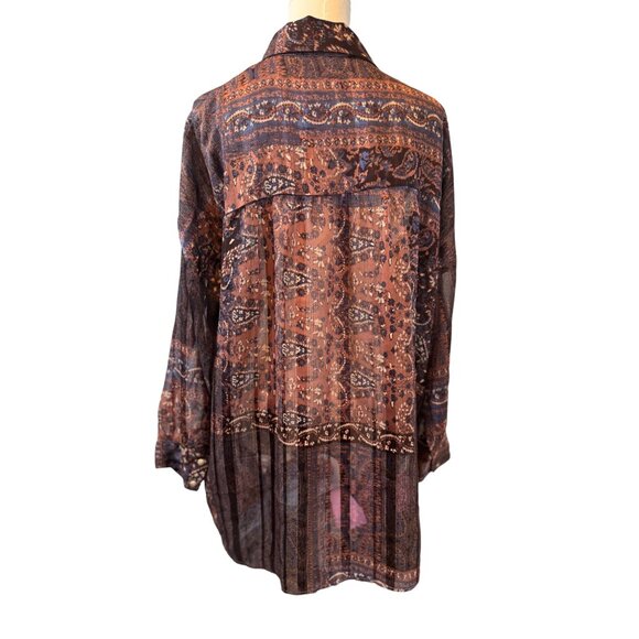 ZARA M Bohemian Brown Rust Blue Print Dolman Sleeve Button-Down Blouse - Picture 6 of 16